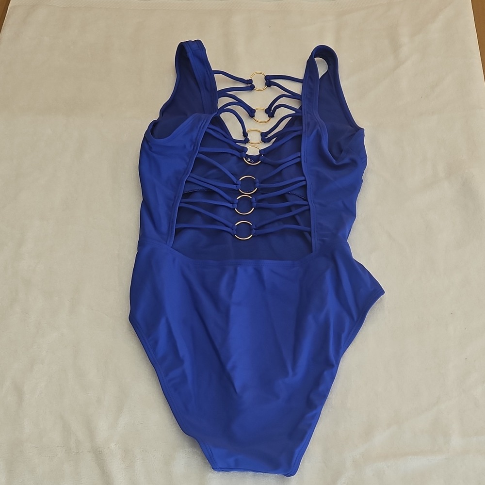 Blue One Piece Swimsuit with Ring and Strap Accents, Wide Straps, Size M